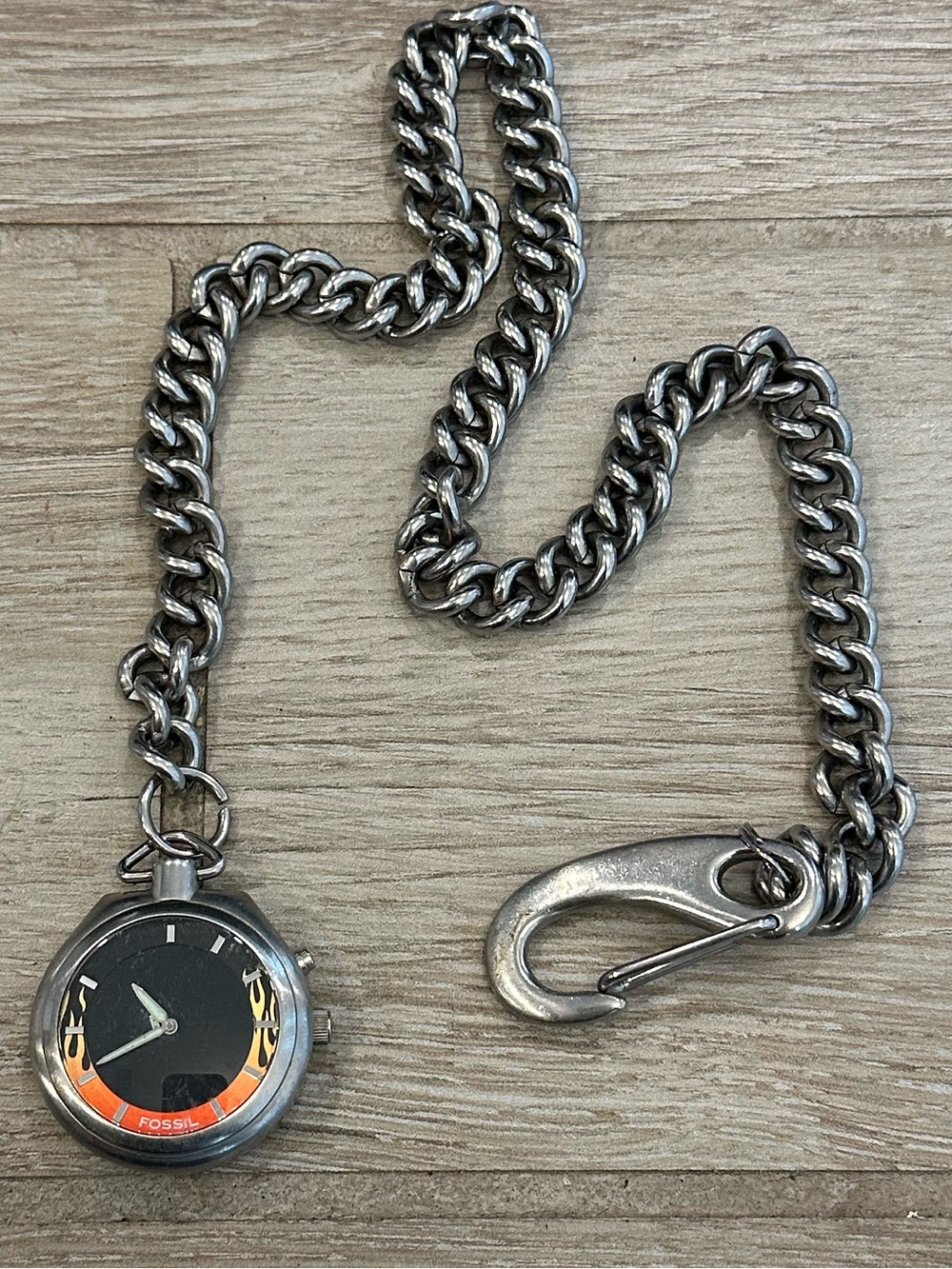VTG Fossil Big Tic JR8146 Flame Pocket Watch w/ Chain & Rare Animated Dial